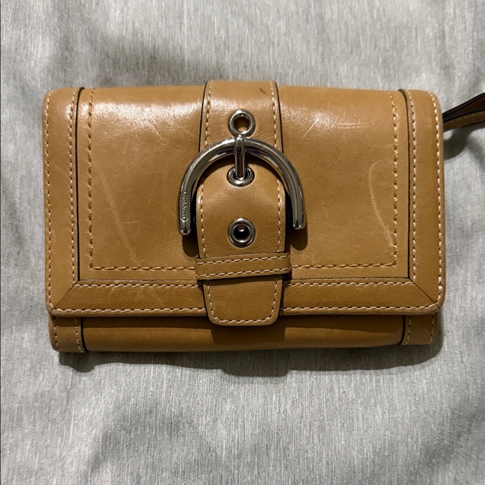 Coach Tan Leather Wristlet Wallet with Silver-Tone Buckle